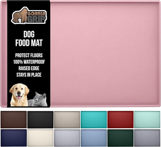 GORILLA GRIP 100% Waterproof Raised Edge BPA Free Silicone Pet Feeding Mat, Dog Cat Food Mats Contain Spills Protects Floors, Placemats for Cats and Dogs Water Bowl, Pets Accessories 28x18 Pink-PurrikoPets