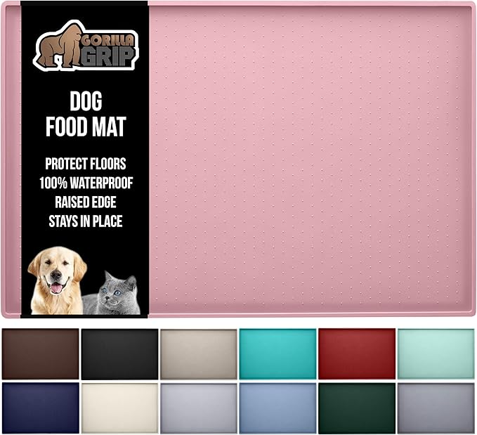 GORILLA GRIP 100% Waterproof Raised Edge BPA Free Silicone Pet Feeding Mat, Dog Cat Food Mats Contain Spills Protects Floors, Placemats for Cats and Dogs Water Bowl, Pets Accessories 16x10, Pink-PurrikoPets