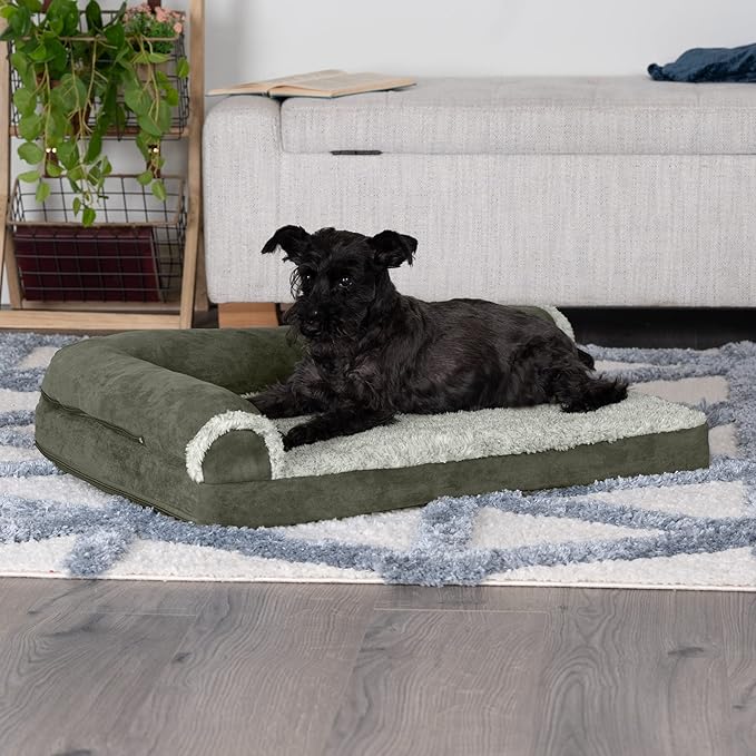 Furhaven Cooling Gel Dog Bed for Medium/Small Dogs w/ Removable Bolsters & Washable Cover, For Dogs Up to 35 lbs - Two-Tone Plush Faux Fur & Suede L Shaped Chaise - Dark Sage, Medium-PurrikoPets