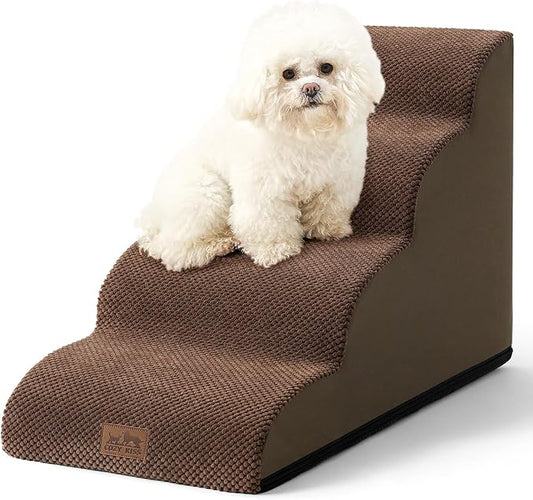 Dog Stairs for Small Dogs 19.7" H, Curved Dog Step for Puppy, Older or Cat, Medium Pet Ramp for Sofa, Couch or Bed, Ladder with High Density Foam, 15.7x28.3x19.7 inch, 4 Step, Brown-PurrikoPets