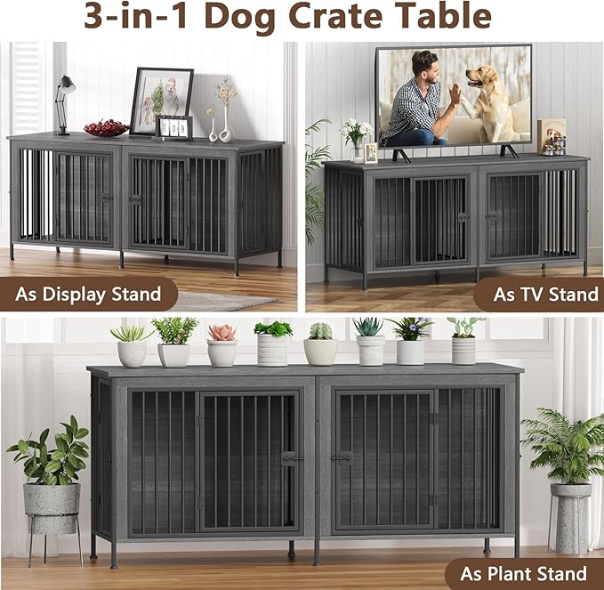 EasyCom 78 Inch Dog Cage Furniture for 2 Pets with Divider, XXL Wooden Double Dog Crate Furniture TV Stand for Mideum and Large Breed, Durable and Sturdy-PurrikoPets
