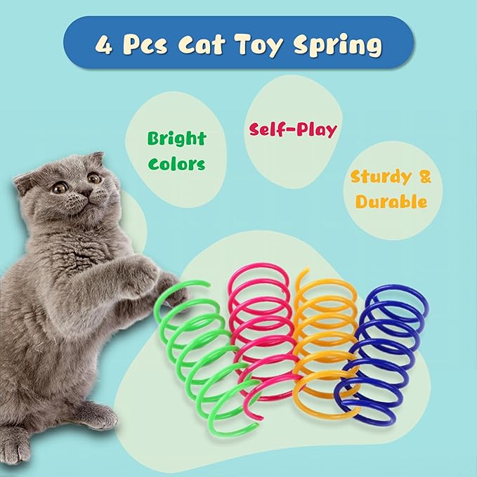 30 Pcs Premium Silent Cat Pom Pom Balls, Interactive Lightweight Assorted Colors Fuzzy Toy Balls (1.2 inches), with 4 Pcs Cat Spring Toy for Indoor Kitten Playing Exercising-PurrikoPets
