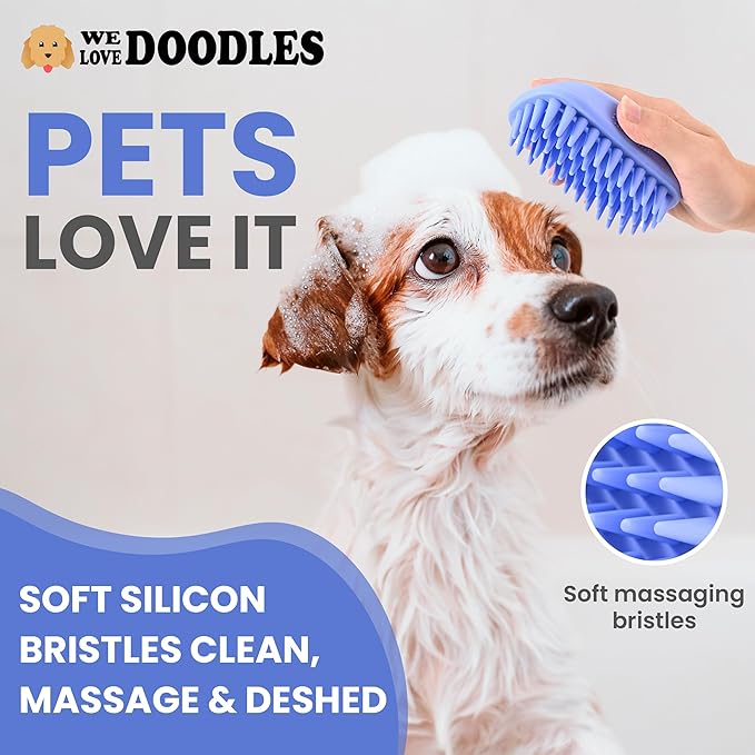 Dog Grooming Bath Brush, Pet Rubber Brush For Shower Scrubbing & Soothing Massage, Ideal for Long & Short Haired Dogs and Cats, Essential Puppy Grooming Accessories, 2 PACK [We Love Doodles]-PurrikoPets