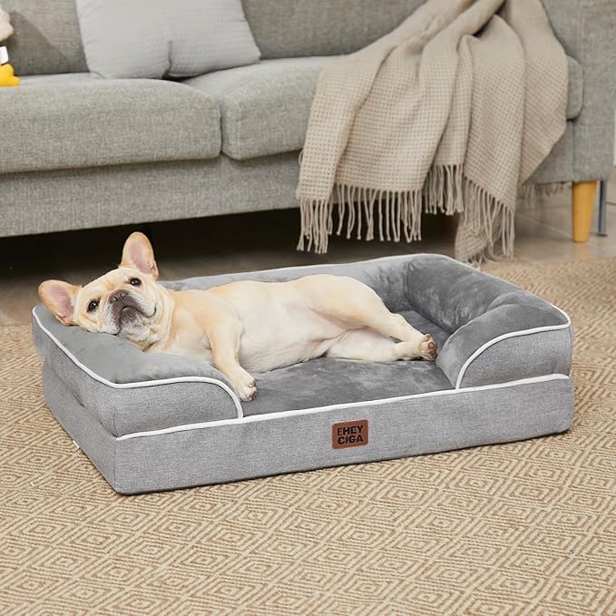 EHEYCIGA Orthopedic Dog Beds for Large Dogs, Waterproof Memory Foam Large Dog Bed with Sides, Non-Slip Bottom and Egg-Crate Foam Pet Couch Bed with Washable Removable Cover, Grey-PurrikoPets