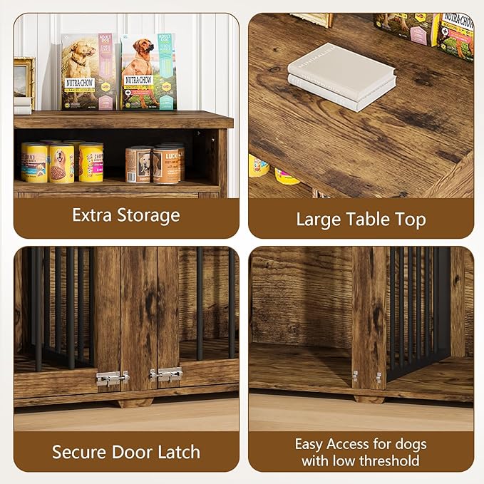 Furniture Dog Crate for 2 Dogs, 41 Inch Dog Kennel Furniture with Removable Divider and Shelf Storage, Wooden Dog Crate for Small/Medium Dogs, Rustic Brown-PurrikoPets