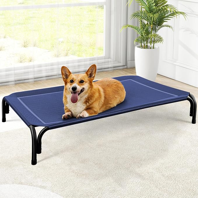 Elevated Dog Bed, Raised Outdoor Dog Bed for Large Sized Dogs, Portable Cooling Pet Cot with Breathable & Washable Mesh, Indoor & Outdoor Pet Hammock with Skid-Resistant Feet.-PurrikoPets
