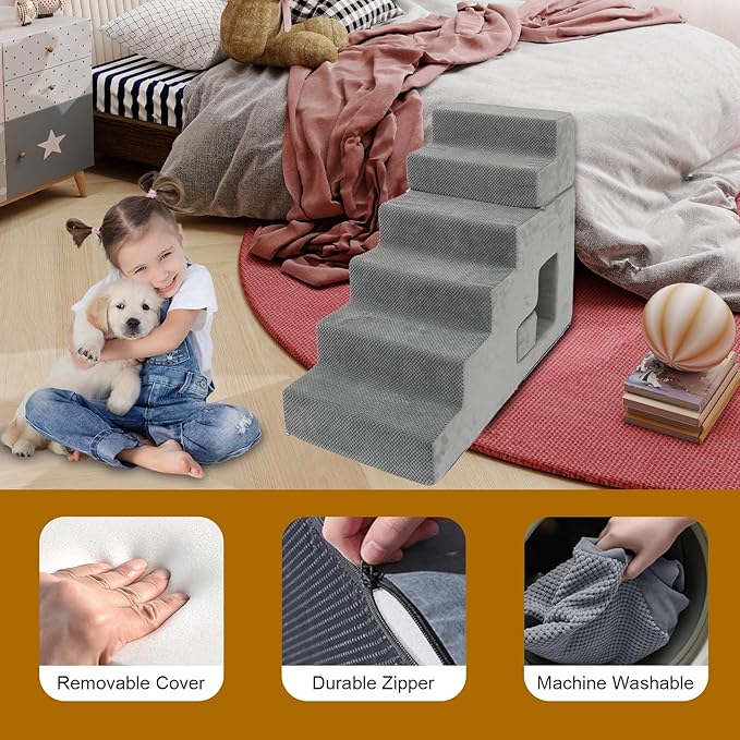 Dog Stairs for Small Dogs 27”H, 6-Step Dog Steps for High Bed, High-Density Foam Pet Stairs with Non-Slip Removable Washable Cover to Get on Bed(Grey)-PurrikoPets