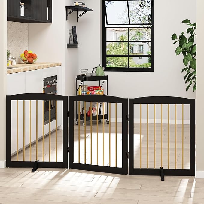 Freestanding Pet Gate for Dogs, Foldable Wooden Dog Gate for House, Indoor Dog Gate for Doorways, Stairs, Step Over Pet Puppy Safety Fence, Support Feet Included,24" Height 3 Panels,Black&Gold-PurrikoPets