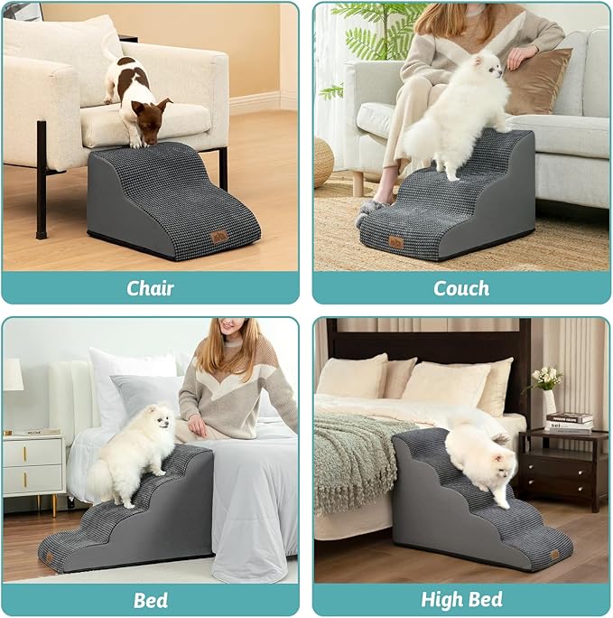 Dog Stairs for Small Dogs 15.7" H, Curved Dog Step for Puppy, Older Cat, Medium Pet Ramp for Sofa, Couch or Chair, Ladder with High Density Foam, 15.7x22.4x15.7 inch, 3 Step, Dark Grey-PurrikoPets