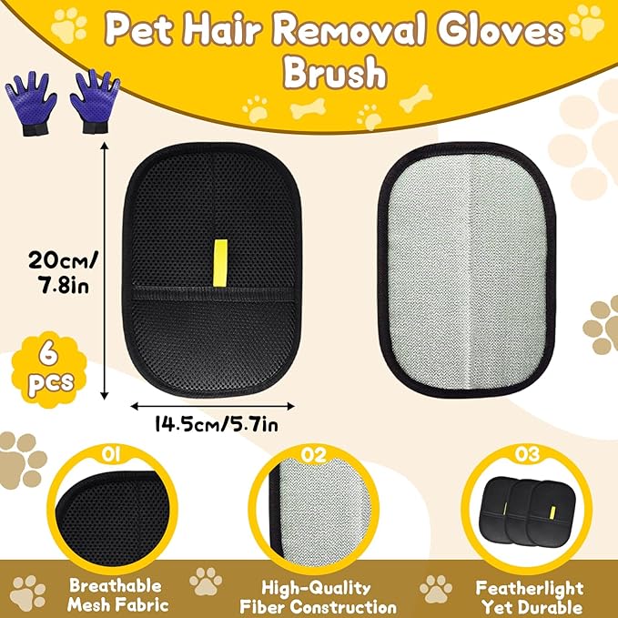 8 Pcs Pet Grooming Gloves for Shedding – 6x Reusable Cat & Dog Hair Removal Gloves+ 1 Pair 2-in-1 Deshedding Brush & Massage Mitt – Safe for Dogs & Cats, Efficient (Blue)-PurrikoPets