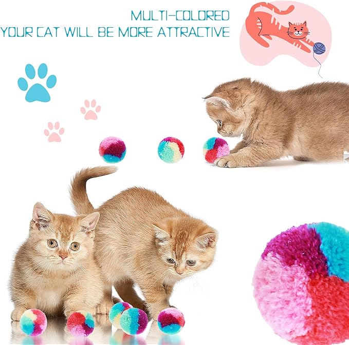 1.2 in Colorful Cat Pom Pom Ball Toys, 20 Pcs Rainbow Cat Toy Balls Soft Plush Cat Ball Interactive Training Ball for Indoor Cats & Kittens-PurrikoPets