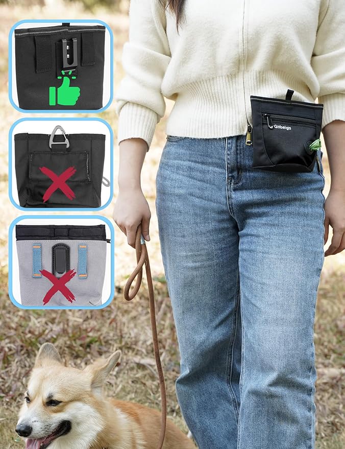 Gobeigo Dog Treat Pouch and Training Clicker, Upgrade Two Magnetic Closure to Prevent Spills, 2 Cup Treat Bag with Poop Bag Dispenser, Metal Clip Waist Belt Fanny Pack for Pet Walk (Black)-PurrikoPets