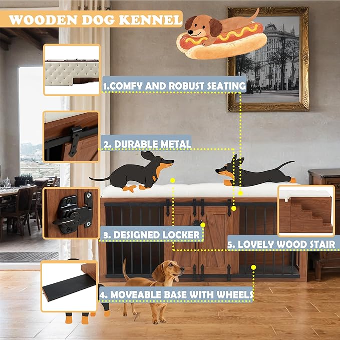 56" L Dog Crate Furniture with Padded Seat, End of Bed Bench Ottoman with Cushion, Wooden Dog Kennel with Pet Stairs & Sliding Barn Door for Bedroom, Living Room, Walnut-PurrikoPets