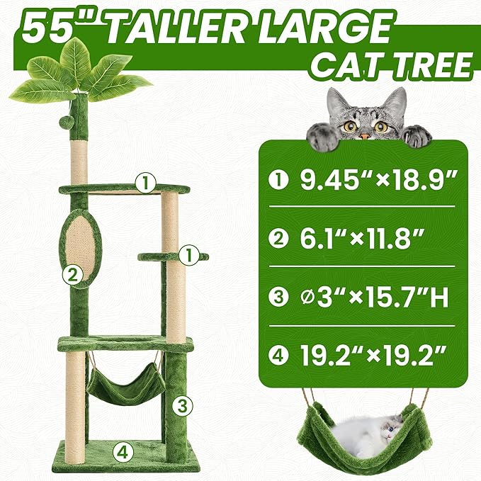 55 Inch Large Cat Tree Tower for Indoor Cats with Hammock Green Leaves Sisal Scratching Post, Plush Hang Ball Play Furniture for Kittens & Adult Cats,New Green-PurrikoPets