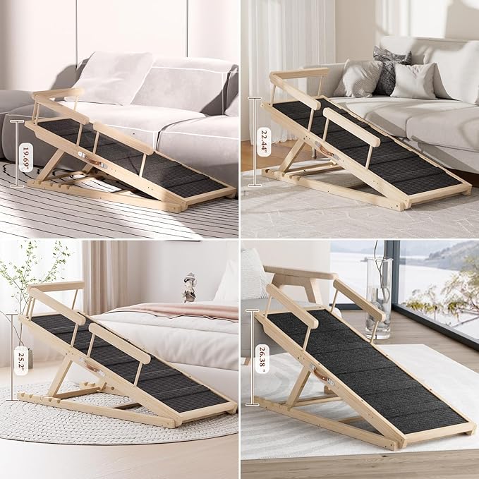 Dog Ramp for High Bed, Couch, Car, Pet Ramps 55.12" Long Adjustable 19.7"-27.6" Wooden Dog Step with High Traction Mat & Safety Side Rails for Small Medium Large Older Pets, up to 250 lbs-PurrikoPets