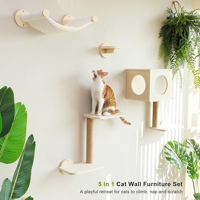 FUKUMARU Cat Wall Shelves, 5-Piece Stable Wooden Wall-Mounted Furniture Set, Kitty Climber with Hammock, House, Steps, Scratching Post (Beige)-PurrikoPets