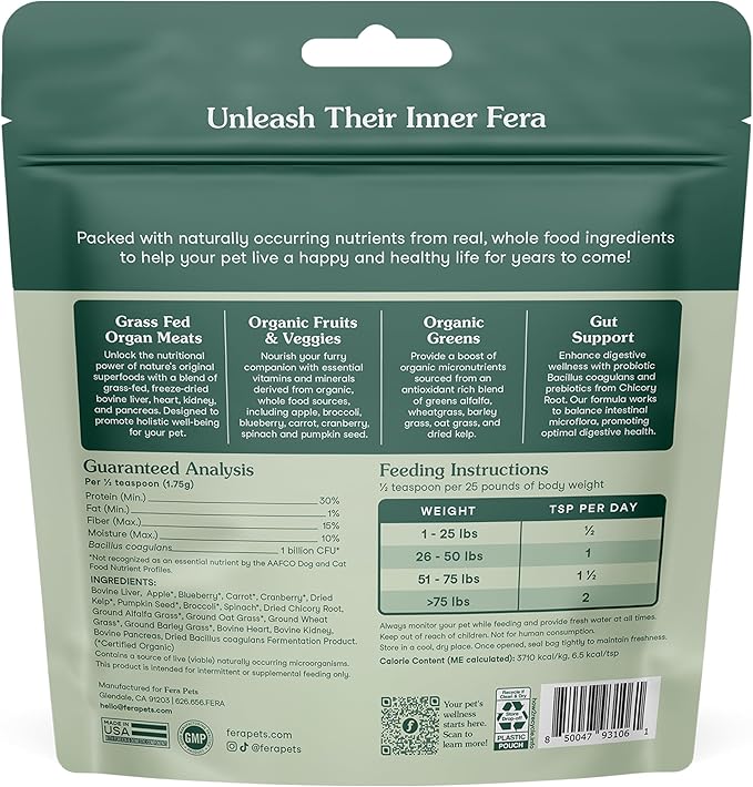 Fera Pets Whole Food Multivitamin Cat & Dog Food Topper with Probiotics, Antioxidants, & Essential Dog Vitamins & Minerals - Nutrients from Fruits, Vegetables, & Organ Meats - 3.7 oz-PurrikoPets