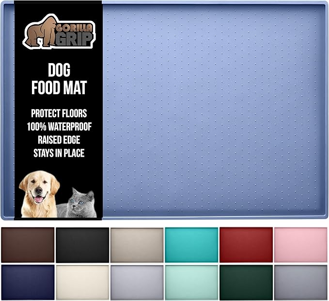 GORILLA GRIP 100% Waterproof Raised Edge BPA Free Silicone Pet Feeding Mat, Dog Cat Food Mats Contain Spills Protects Floors, Placemats for Cats and Dogs Water Bowl, Pets Accessories 16x10, Blue-PurrikoPets
