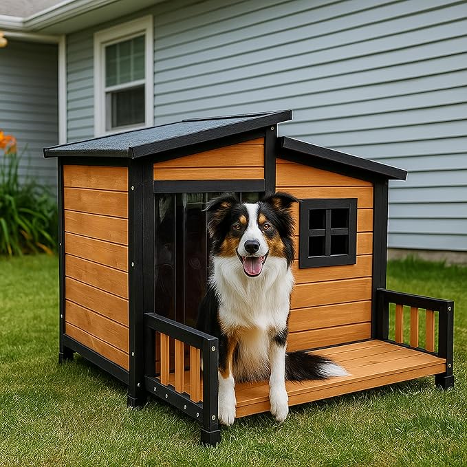 GARWOOD Large Outdoor Indoor Wooden Dog House for Small Large Dog Kennel Wood Sturdy Pet Puppy Warm Home with Durable Weatherproof Asphalt Roof Insulated Elevated Floor Outside Shelter Brown 39x37x30“-PurrikoPets