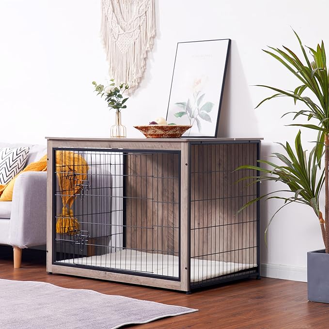 DWANTON Dog Crate Furniture with Cushion, Wooden Kennel Table with Double Doors, Indoor Dog House, Extra Large Size, 43.3" L, Greige-PurrikoPets