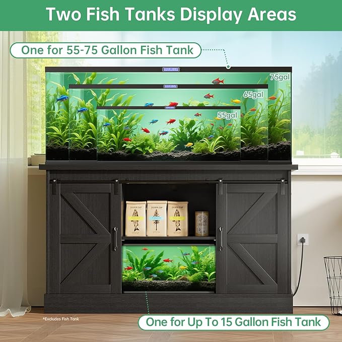 Fish Tank Stand Up to 75 Gallon, Aquarium Stand with Sliding Barn Doors & Power Outlet, Black Farmhouse Style Stand with Cabinet Storage for Fish Tank, Turtle Tank, Reptile Terrarium,1000LBS Capacity-PurrikoPets