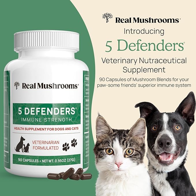 5 Defenders Mushroom Supplement for Cats & Dogs – Chaga, Shiitake, Reishi, Turkey Tail, Maitake – Cat Multivitamin & Dog Supplement for Wellness Support– 90 ct Real Mushrooms Powder Capsules-PurrikoPets
