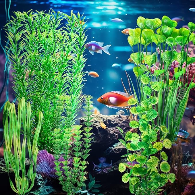 10 Pcs Large Aquarium Artificial Plants Decorations, Tall Plastic Fish Tank Plant Decorations for Household and Office Aquarium (Green)-PurrikoPets