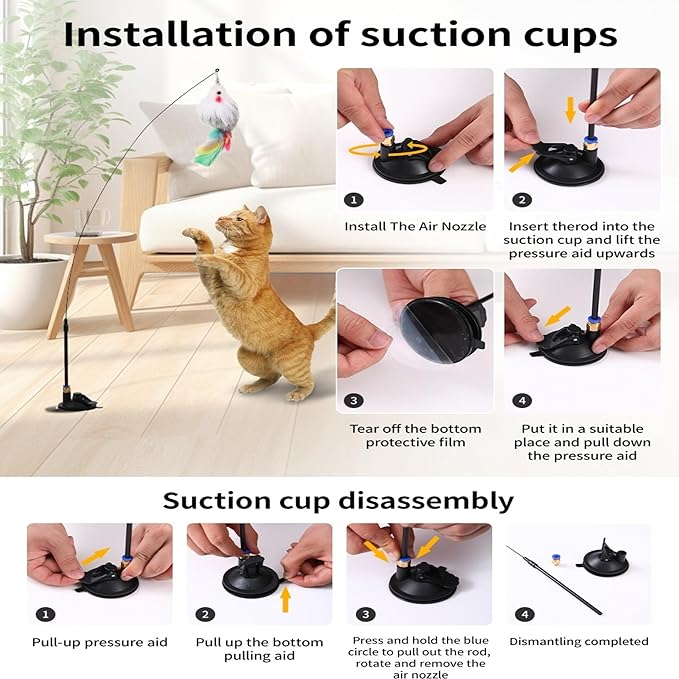 4-in-1 Interactive Cat Feather Toys with Durable Retractable Fishing Pole, Enhanced Suction Cup Toy, Door Hanging Teaser Toy and 11 Attachments Replacements for Bored Indoor Adult Cats-PurrikoPets