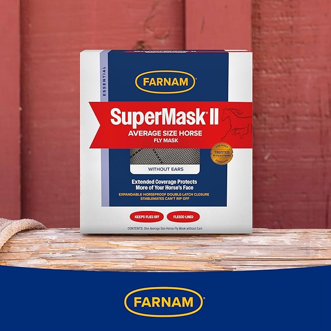 Farnam SuperMask II horse fly mask without ears, extended coverage, protects eyes from insects and debris, adjustable throat latch, Average Horse Size-PurrikoPets