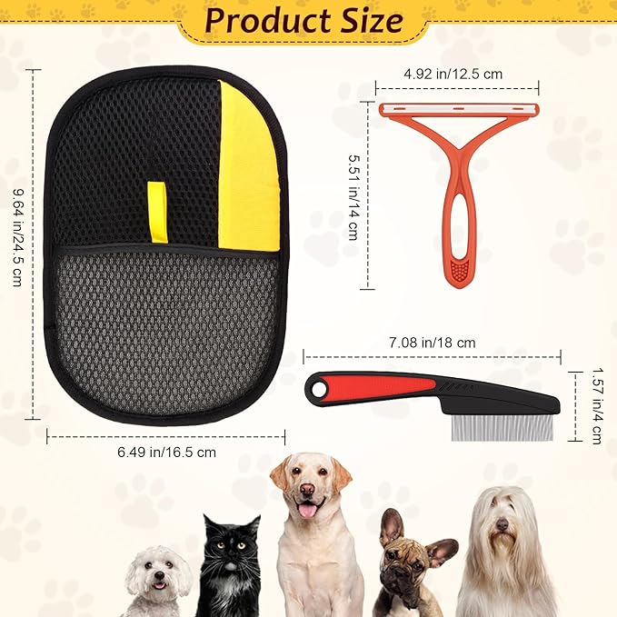 3 Pcs Pet Hair Removal Glove Set, Reusable Electrostatic Pet Hair Remover with Hair Remover Brush and Pet Comb, Upgrade Efficient Cats&Dogs Grooming Gloves for Clothes Furniture Carpet Seat-PurrikoPets