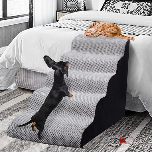 Dog Stairs&Steps for High Beds Up to 28'', 5-Step Dog Ramp for Small Medium Dogs with Washable Cover, Pet Steps for Cats to Get on Couch and Sofa, Durable Foam Ladders, 24.4" Tall, Grey-PurrikoPets