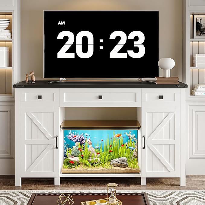 55-75 Gallon Aquarium Stand With Charging Station, Farmhouse Fish Tank Stand, Reptile Tank Stand Terrarium Stand with Drawer and Cabinet Storage, Sturdy Heavy Duty 53.5"×19.7" Tabletop - White-PurrikoPets