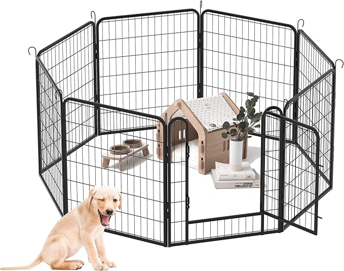 Dog Playpen, Outdoor Dog Fence, 8 Panels, 32" H Dog Pen for Medium/Small Dogs, Heavy Duty Metal Pet Fence with Gate, Portable Dog Fence for RV Camping and Yard (Black)-PurrikoPets