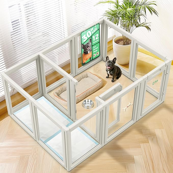FXW AuraSpace Acrylic Indoor Unleashed Dog Playpen for Small and Medium Dogs, 30 Inch, 12 Panels, White-PurrikoPets