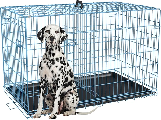FDW Dog Crate for Large Dogs 48 Inch Folding Metal WirePet Cage Double Door W/Divider Panel Indoor Outdoor Kennel Leak-Proof Plastic Tray,Blue-PurrikoPets