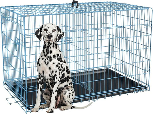 FDW Dog Crate for Large Dogs 48 Inch Folding Metal WirePet Cage Double Door W/Divider Panel Indoor Outdoor Kennel Leak-Proof Plastic Tray,Blue-PurrikoPets