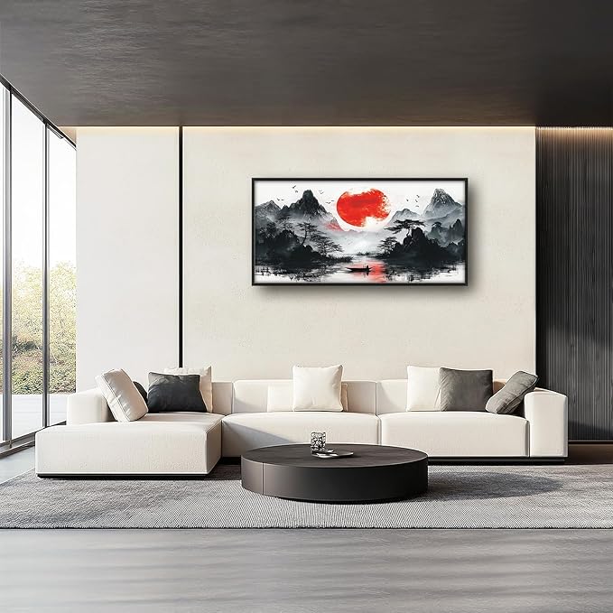 Framed Large Japanese Mountain Wall Art for Living Room, Oversized Asian Red Sun Lake Landscape Wall Decor Nature Canvas Painting Home Decoration for Living Room Bedroom Office 60"x30"-PurrikoPets