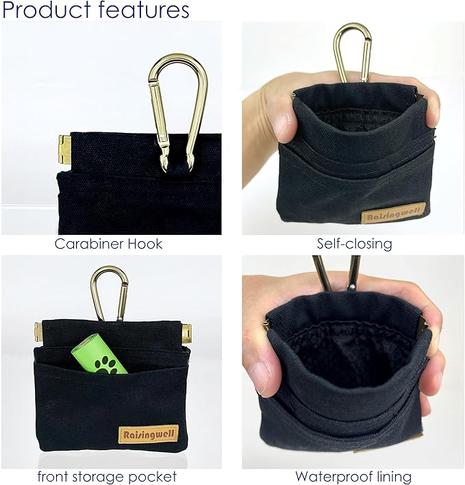 Dog Treat Pouch, Black Pocket Sized Pet Training Pouch, Cotton Fabric, Hand Free Dog Walking Bag with Carabiner, Self-Closing Pet Feed Snack Reward, for Pet Puppy Travel or Outdoor Use-PurrikoPets