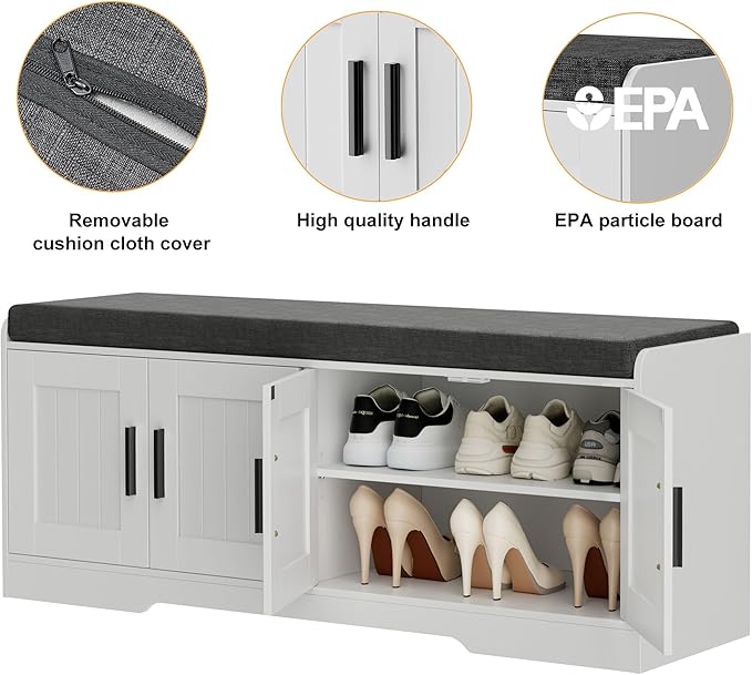 2-Tier Storage Bench, Shoe Bench with Thickened Padded Seat Cushion, Entryway Bench with 4 Doors, Adjustable Shelf, 13.8" D x 45.3" W x 18.5" H, for Entryway, Living Room, Bedroom, White-PurrikoPets
