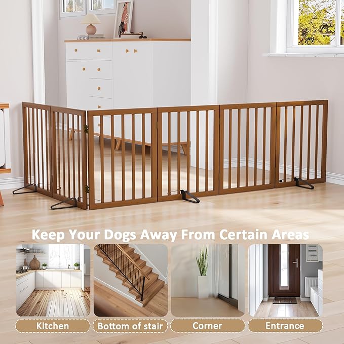 Freestanding Pet Gate Foldable Dog Gate (110 inches Wide) Walnut Bamboo Dog Gates for Stair Doorways House Puppy Fences Indoor (4 Support Feet Included)-PurrikoPets