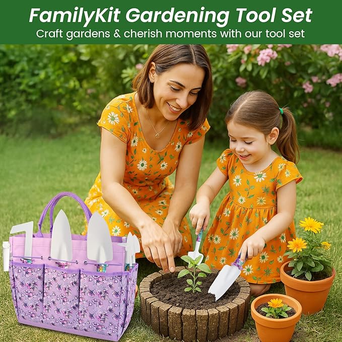 Gardening Tool Set 10-Piece, Heavy Duty Garden Tool Set with Purple Floral Tote Bag and Gift Box, Gardening Tools Kit with Ergonomic Non-Slip Handle, Ideal Gardening Gifts for Women Mom-PurrikoPets