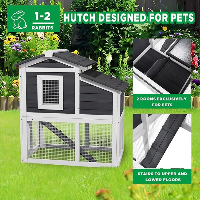 2 Story Rabbit Cage, Weatherproof Rabbit Hutch Indoor & Outdoor, Wooden Guinea Pig Cages with Removable Tray Openable Roof for Small to Medium Animals-PurrikoPets