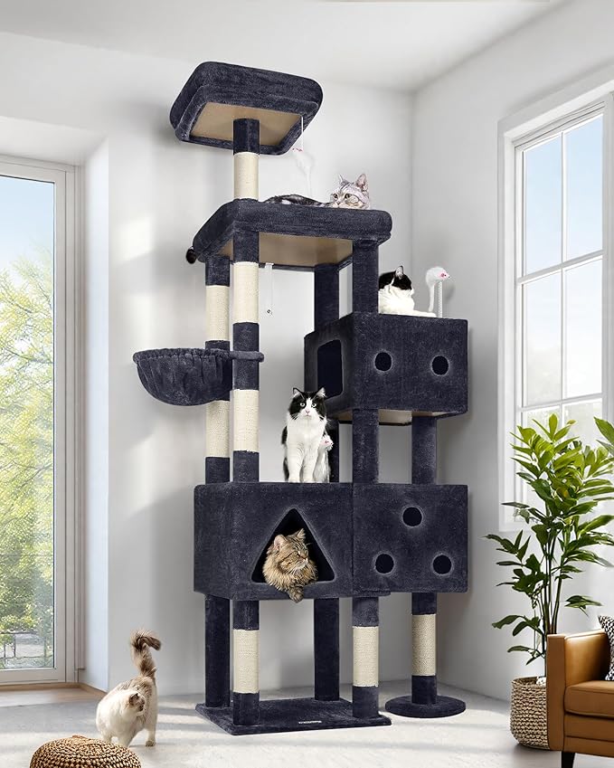 Globlazer Extra Large Cat Tower, 81-inch Tall Cat Tree for Big Cats 20 lbs, XXL Heavy Duty Cat Scratching Tower for Indoor Adult Cats with 3 Cat Condos, 8 Scratching Posts, F81, Dark Grey-PurrikoPets