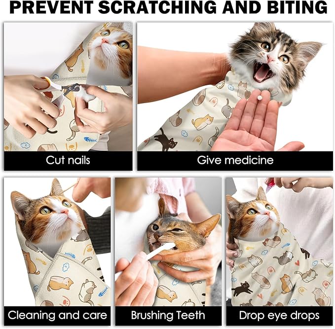 27.6"Cat Grooming Wrap, Self Adhesive Cat Wrap for Cutting Nails, Anti-Escape Calming Cat Swaddle Wrap for Medicine Ear Cleaning, Anti-Scratch Cats Burrito Restraint Blanket, Multifunctional Pet Tool-PurrikoPets