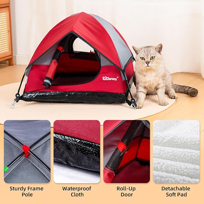 GDanes Cat House Portable Indoor/Outdoor Red Cat Tent for Cats and Small Dogs with Soft Pad-PurrikoPets