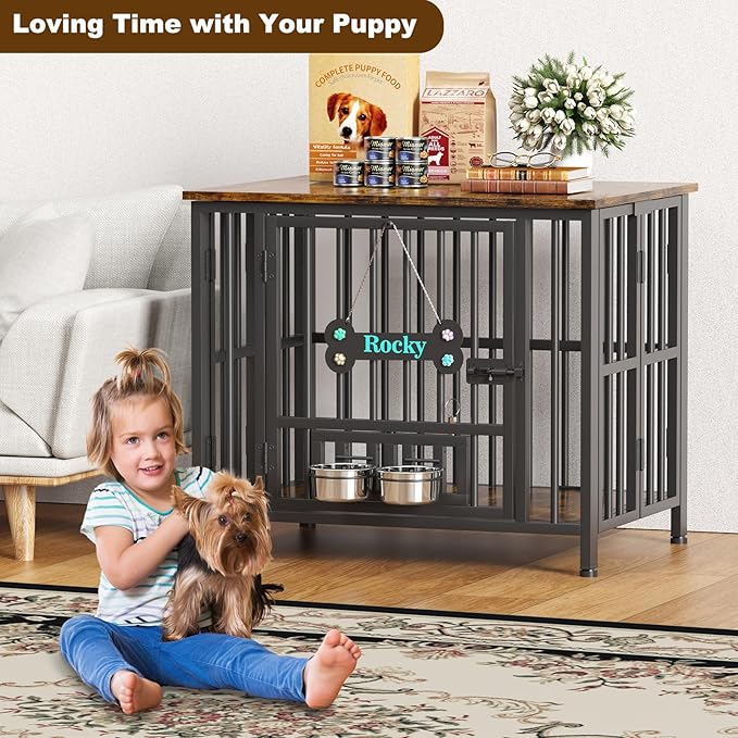 Easycom 31" Dog Crate Furniture Foldable, No Assembly Decorative Dog Kennel Indoor, Dog Crates for Small Dogs (20-40 lbs), Wooden Dog Cage with Adjustable Bowls and Name Tag, End Table, Rustic Brown-PurrikoPets