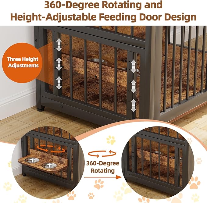 Furniture Style Dog Crate with Storage, 41 Inch Dog Crate Furniture with Double Doors, 2 Stainless Steel Bowls, Dog Crate Furniture-Style Crate for Large/Medium Dog-PurrikoPets