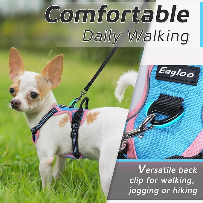Eagloo Small Dog Harness No Pull, Service Vest with Reflective Strips and Control Handle, Adjustable and Comfortable for Walking, No Choke Pet Harness with 2 Metal Rings, Pink & Blue, XS-PurrikoPets