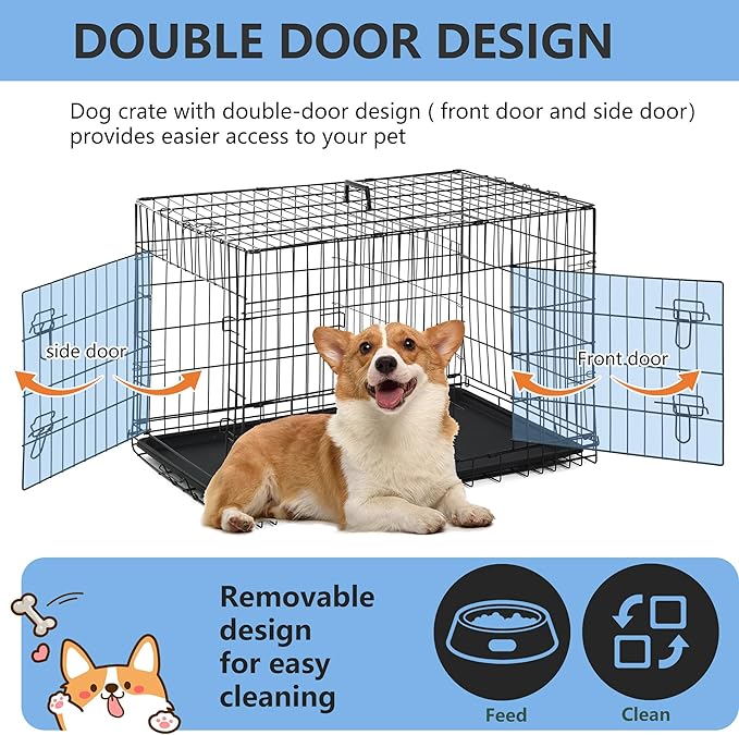 FDW 30 inch Dog Crate Dog Kennel Cage with Double Door Folding Metal Wire Dog Cage with Removable Tray&Divider Panel,Pet Crate for Medium Dogs,Black-PurrikoPets