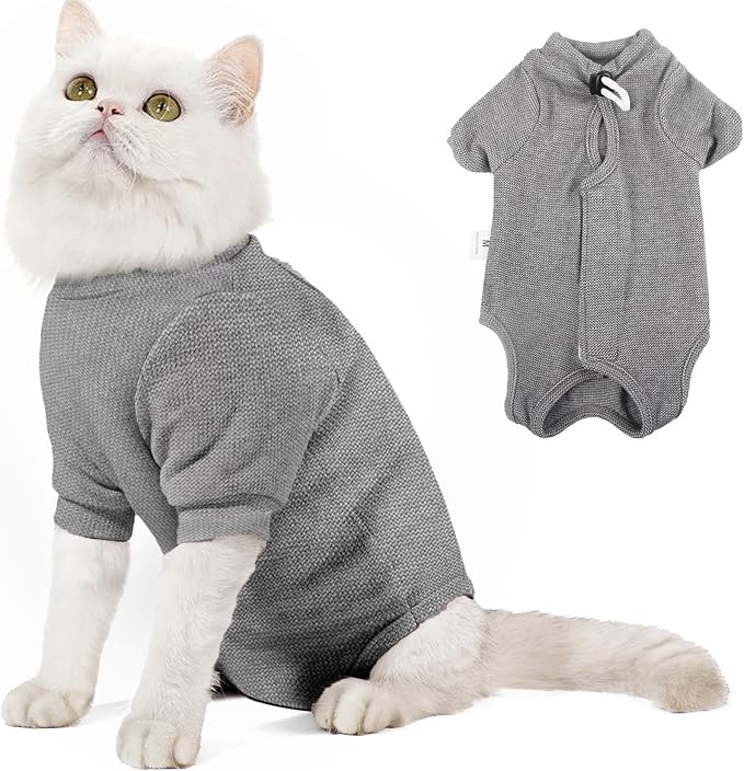 Dotoner Cat Surgery Recovery Suit for Female Male Anti-Licking Pet Surgical Pajamas Long Sleeve Prevent Shedding Cat Spay Recovery Suit&E Collar Alternative Bodysuit for Cats-PurrikoPets